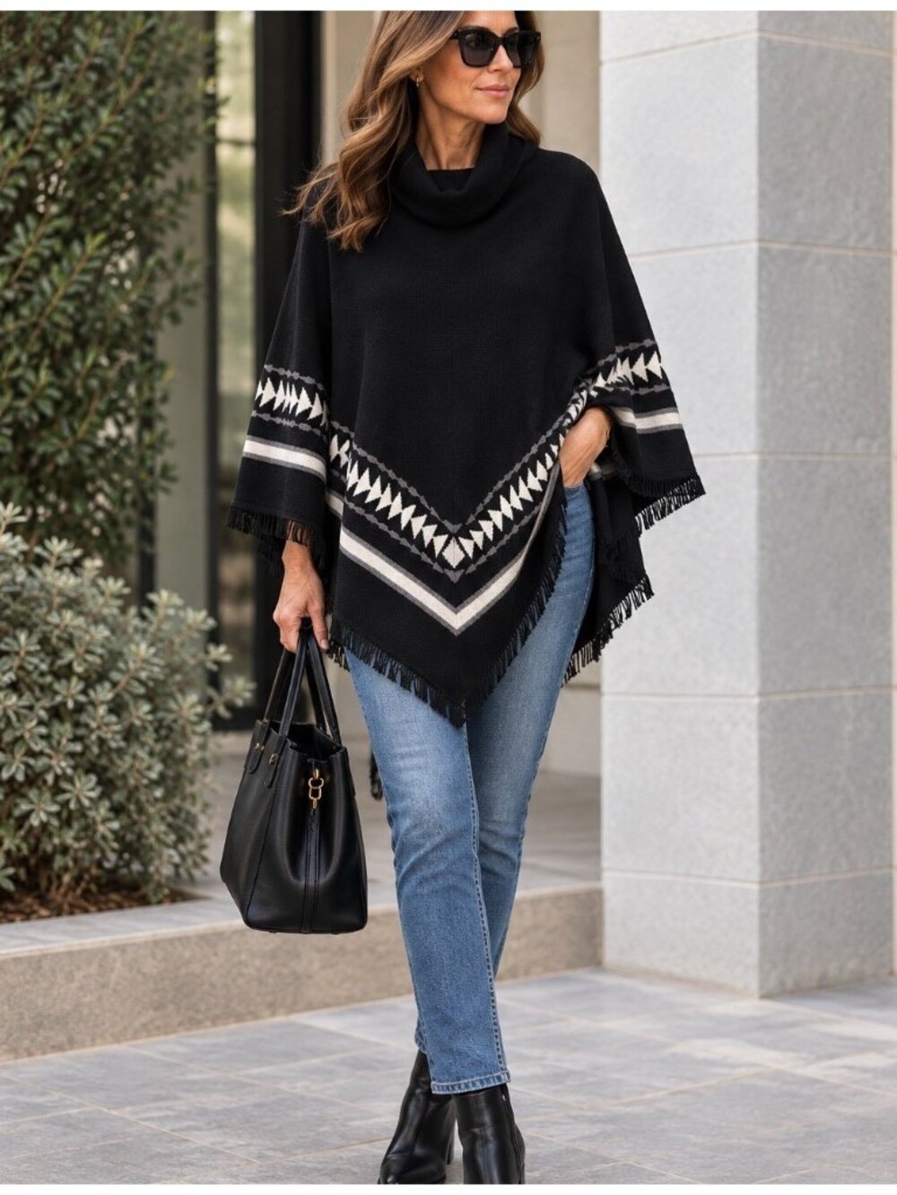 Pendleton Poncho Cape 100% Wool Black White Geometric Border Accents Mock Neck